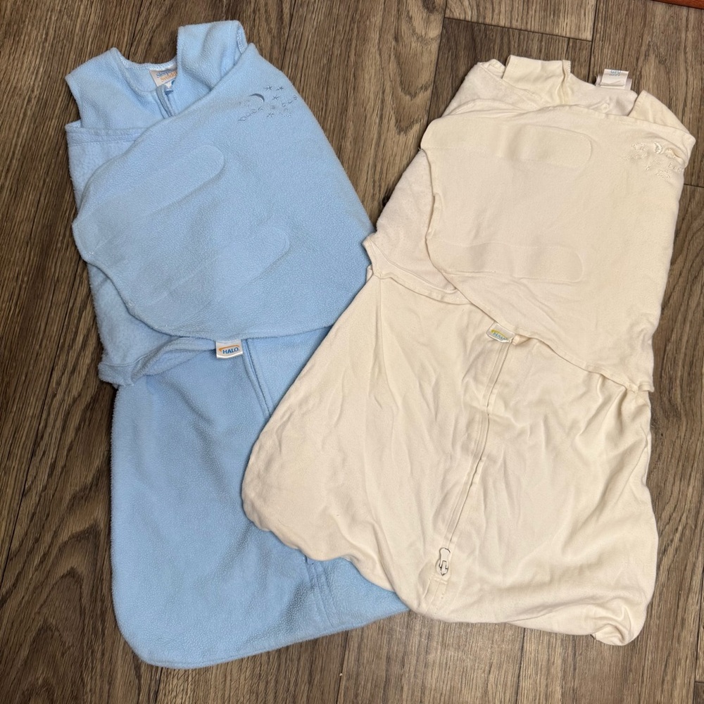 Halo Sleep Swaddle Set of 2 Blue Fleece and Cream Cotton Size Small 3-6 Months